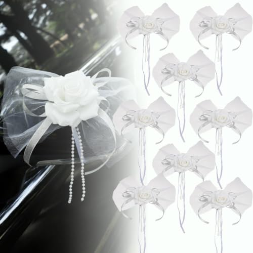 Tul blanco para coche de bodas: pack de 8 flores reutilizables para manijas 2