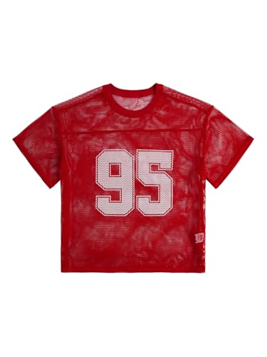 BEAUDRM Men's Number Print Jersey Shirt Crew Neck Short Sleeve Mesh Tee Tops Casual Football Jersey Shirts Red X-Large