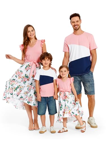 Image of PATPAT Family Matching Outfits Mommy and Me Outfits Floral Dress & Tee Sets | Couples Matching Outfits, Women Girl Flutter Sleeve Dress, Men Boy Cotton Blend T-shirts, Beach Vacation, Family Photoshoot