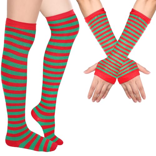 Image of Geyoga Arm Warmers Leg Warmers Striped Thigh High Socks Fingerless Gloves Stockings Christmas Halloween