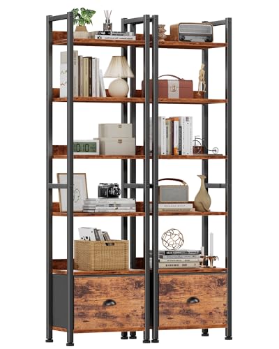 Image of Furologee Book Shelf Set of 2, 6 Tier Tall Shelf with Drawer, Bookshelves and Bookcases Set of 2, Industrial Display Shelving Unit for Bedroom, Living Room, Home Office, Rustic Brown