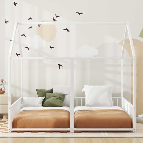 Harper & Bright Designs Metal Twin House Bed for Kids, Double Twin Beds Frame, Monressori Floor Bed Twin Size with Rails for Girls or Boys, White