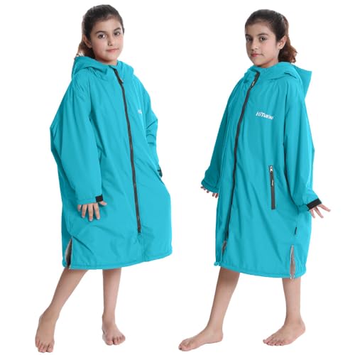 Image of Hiturbo Warm Kids Swim Parka: Waterproof Changing Robe - Oversize Swimming Coat - Hooded Surf Poncho - Thick Lining (7-14Y)