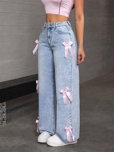 Summer Denim Pants for Women Bow Jeans Wide Leg Baggy High Waisted Cute Bow Pants3