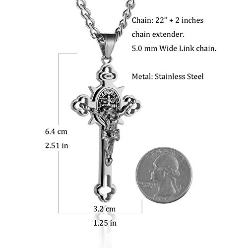 Hzman Stainless Steel Saint St St. Benedict Crucifix Cross Pendants Necklace Inri (Large Silver) #TOP3