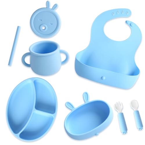 Image of EuChoiz Silicone Baby Feeding Set, Baby Led Weaning Supplies with Suction Bowl Divided Plate, Toddler Self Feeding Dish Set with Bib and Plate, Spoon and Fork, Sippy Cup and Lid Cute Bunny Blue
