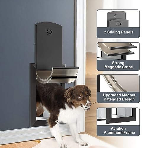 Heavy Duty Dog Door for Wall, Energy Efficient Doggie Door with Aluminum Frame, Telescoping Tunnel, Double Magnetic Flaps and Two Sliding Lock Panels, Easy to Install, Black, Large