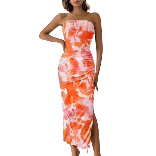 Image of Women's Tube Top Maxi Dresses Printed Tie Dye Strapless Bodycon Long Dress Split Side Sleeveless Party Elegant Outfits