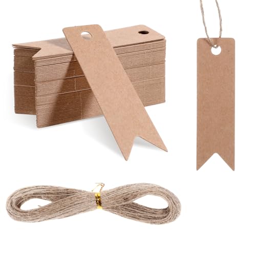 Larrel Lot de 100 étiquettes cadeaux en kraftpapier 2 x 7 cm avec ficelle de jute de 20 m -...