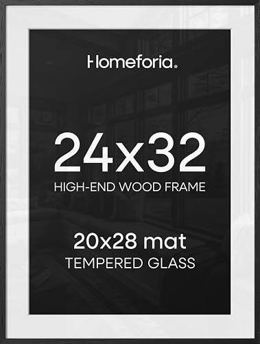 Image of Homeforia Black Wood Frame 24x32, High End Oak 24x32 Large Wooden Poster Frames with Mat 20x28 inch Photo, 24 x 32 Picture Frame Matted to 20 x 28, 32x24 Thin Frame, Tempered Glass, Wall Kit, Set of 1