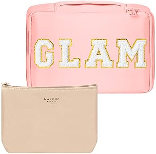 WATINC Preppy Patch Cosmetic Bag Large Makeup Bag Portable Waterproof Travel Toiletry Bag for Women Girls Makeup Bag Pouch Storage Organiser Waterproof Beauty Make up Bag Birthday GiftsPink