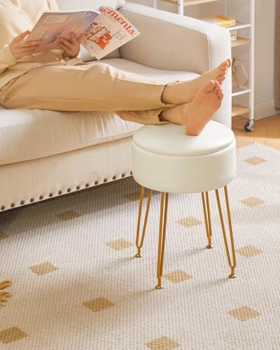 IBUYKE Faux Leather Round Footrest Stool with Storage Ottoman, Makeup Vanity Chair Side Table, PU Dressing Table Seat, Removable Cover, Golden Steel Legs, White WBD024W - Cosy Home Interiors IBUYKE Faux Leather Round Footrest Stool with Storage Ottoman, Makeup Vanity Chair Side Table, PU Dressing Table Seat, Removable Cover, Golden Steel Legs, White WBD024W - Image 8