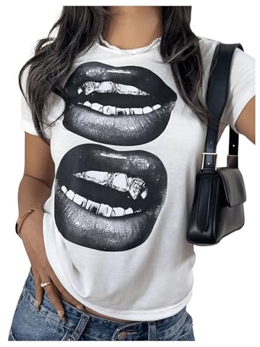 Floerns Women's Graphic Lips Print T Shirts Short Sleeve