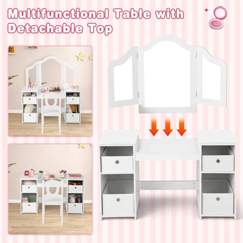 Image of INFANS Kids Vanity, 2 in 1 Princess Makeup Desk & Chair Set with Tri-Folding Detachable Mirror, Large Storage Shelves, Wooden Pretend Play Dressing Table for Girls (Cream White)
