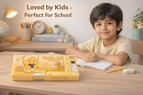 Image of KiddieWorld Cute Cartoon Pencil Box for Kids | All-in-One Stationery Box with Calculator, Sharpener & Writing Pad | Large Capacity Plastic Pencil Case for School Boys & Girls