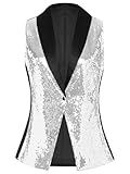 YiZYiF Women's Sparkly Sequin Waistcoat Top One Button Glitter Sleeveless Jacket Coat Disco Dance Vest Silver Large
