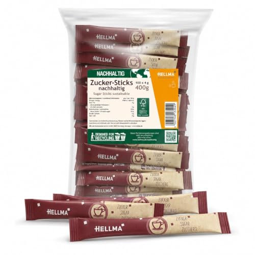HELLMA Zucker-Sachets nachhaltig 100 Stück einzeln verpackte Zucker-Portionen portionierter weißer Zucker für Gastronomie Hotel Büro & Catering