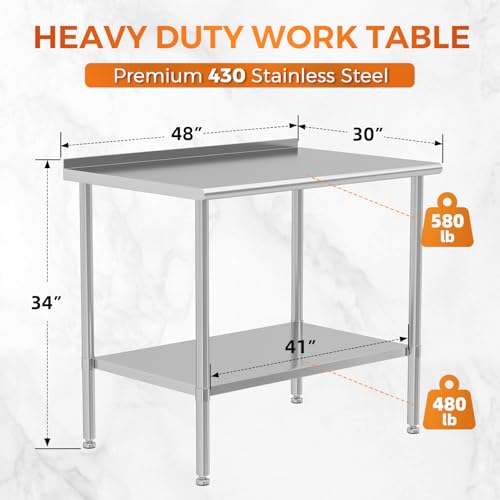 All Stainless Steel Work Table Heavy Duty Prep Table 30x48 Inch with Stainless Steel Undershelf Backsplash Replaceable Feet(Without Caster) Commercial Workstation for Restaurant Kitchen Outdoor - Image 3