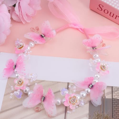 Srotmirw Butterfly Flower Pearl Hairband for Girls Women, Pink Fairy Headband, Exquisite Wedding Headpiece, Rotating Accessories, Suitable For Parties, Birthdays, Garden and Cosplaying Accessories — view 6