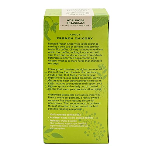 Worldwide Botanicals Organic French Chicory Root Tea, 25 Tea Bags - 3x herbs with 6g per teabag - Prebiotic, Roasted - Acid Free, Caffeine Free, Kosher