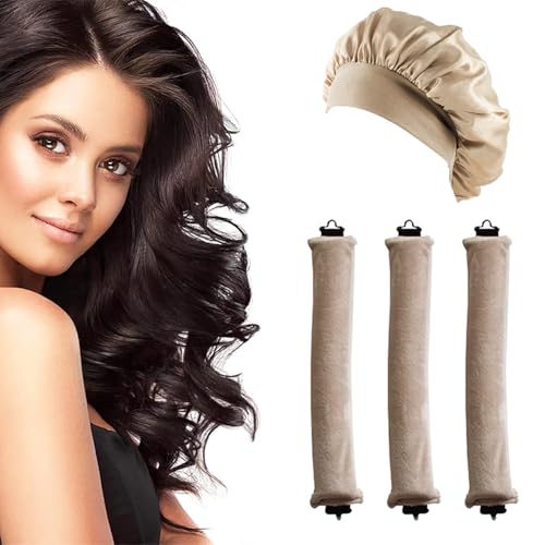 JINJUMEI 3 Bigodini Senza Calore e Cuffia Seta Notte, Bacchette Flessibili con Ganci e Clip, Cuffia Seta Capelli Ricci, Ricci Senza Calore Durante la Notte per Capelli Lunghi