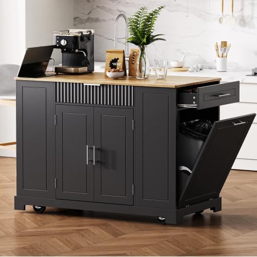 K&K Fluted Kitchen Island with Trash Can Storage Cabinet, Power Outlet, Internal Storage Rack, Rolling Kitchen Islands on 5 Wheels with 3 Drawer, 3 Open Side Racks for 10 Gallon Garbage Bin, Black
