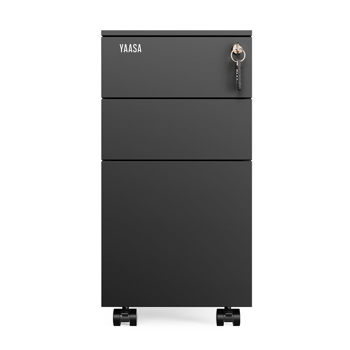 Yaasa File Cabinet Edged Kompakt Schwarz, Rollcontainer verschließbar, Büro | 80L Stauvolumen, Rollcontainer aus Stahl, Zentralschloss für 3 Laden mit zwei Schlüsseln, feststellbare Räder, Stifteeinsatz
