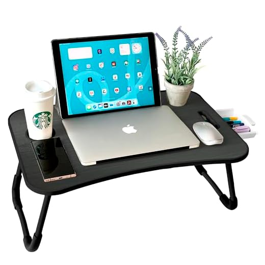 unycos - Bandeja para Cama, Mesa Plegable de Desayuno, Ideal para Portátil, Ordenador y Libros, Ergonómica, Mesa Auxiliar con Atril para Leer en la Cama 60x40x26 cm (Negro/Gris con Cajón)
