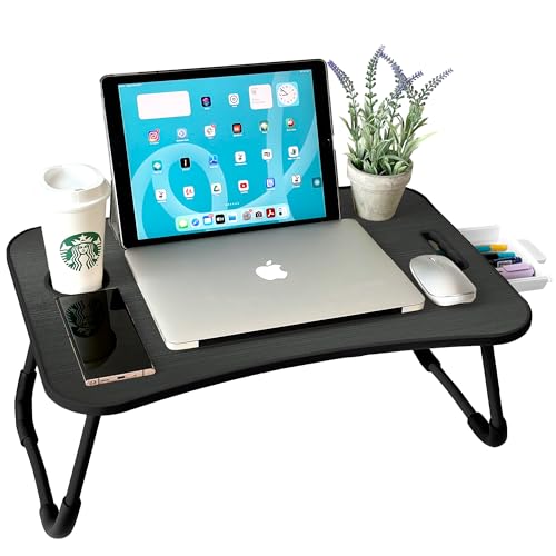 unycos   Bandeja para Cama, Mesa Plegable de Desayuno, Multiusos, Ideal para Portátil, Ordenador y Libros, Ergonómica, Mesa Auxiliar con Atril para Leer en la Cama 60x40x26 cm (Negro/Gris con Cajón)