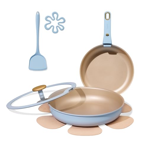 Image of CAROTE Titanium Reinforced Nonstick Frying Pans Skillets 2 piece Set with Lids, Non-Stick Fry Pan Egg Pan with Detachable Handle, PFOS, PFOA Free, Induction Compatible(10-inch & 12-inch), Blue