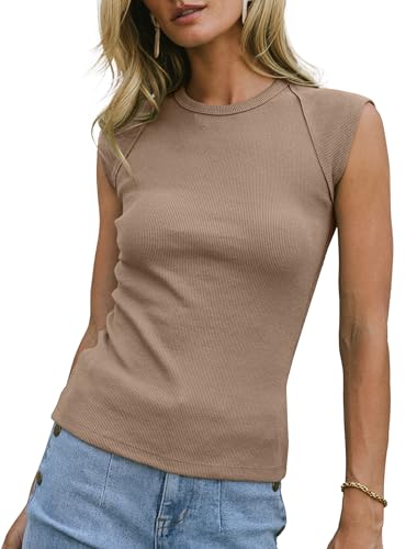 Womens Cap Sleeve Tank Tops Ribbed Crew Neck Slim Fitted Basic Tee Shirts Cute Summer Tops 2025 Clothes (Khaki, Large)