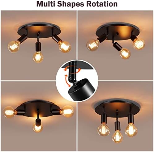 Lightsjoy Vintage Ceiling Light 3 Way Rotatable Ceiling Spot Lights Adjustable E27 Lamp Base Semi Flush Ceiling Lamp for Industrial Kitchen Dining Room Living Room Balcony -Round Base, Black 3 Heads
