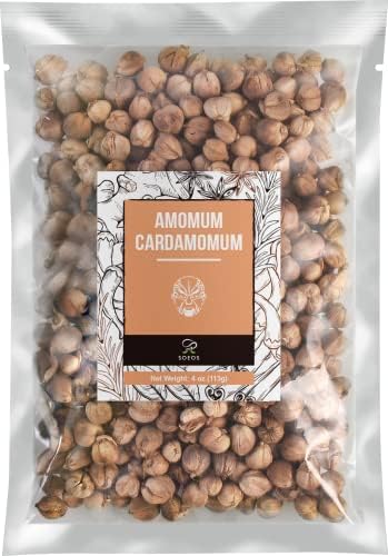 Soeos Amomum Cardamomum 4oz (113g), Authentic Herb, White Cardamom, Dried Bai Dou Kou, Amomum Krervanh, Round Cardamon, Cardamon Cluster, White Fruit Amomin, Elettaria Cardamomum, Fructus Amomi.