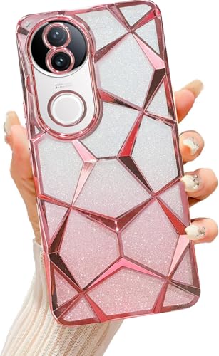 Image of VONZEE Gradient Glitter Case for VIVO V50e, Luxury Electroplated 3D Cube, Diamond Bling Shiny Soft TPU Clear Shockproof Women Girls Protective Phone Cover (Rose Gold)