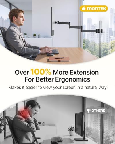 monTEK Universal Pole Monitor Arm 25 Inch Extra Long Reach - Single Desk Mount for 17-32 inch Screens, Steel Full Motion Mount, VESA 75/100mm, 636mm Extension