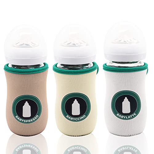 Image of Kanudle Glass Baby Bottle Sleeve Covers for 8 oz Philips Avent | Adjustable Sleeves | Heat and Cold Retention | Neoprene | Non Slip Grip | Set of 3 (Babyccino, Babyspresso, Babylatte)