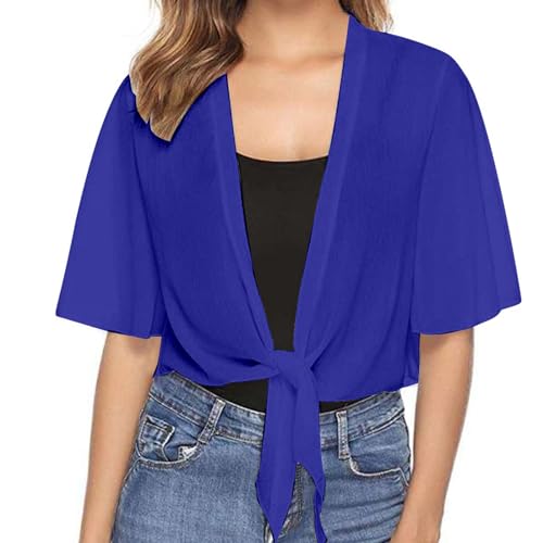 Generisch Bolero para mujer, de gasa, bolero, elegante, de manga corta, corta, ligera, con mangas 3/4, chaqueta de punto frontal abierta, camisa de gasa, azul, S