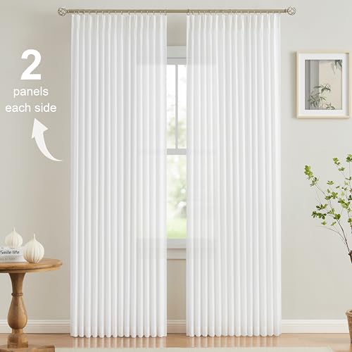 Image of Vision Home White Pinch Pleated Semi Sheer Curtains Textured Light Filtering Window Curtains 90 inch for Living Room Bedroom Rayon Blended Pinch Pleat Drapes with Hooks 2 Panels 40 inch Wx90 L