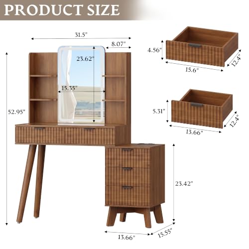 Image of Xixini Fluted Vanity Desk with LED Lights Mirror & Charging Station, Walnut