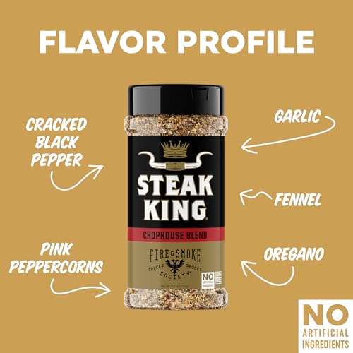 Fire & Smoke Society Steak King Steak Seasoning | BBQ Rubs for Smoking and Grilling Meat | Filet Mignon, Ribeye, Beef, Lamb and Burgers | BBQ Rubs and Spices | Black pepper, Fennel, Oregano, Pink Peppercorns | XL 11.5 oz