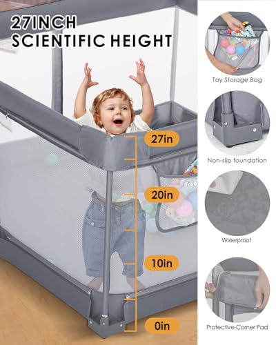 Image of Veraste Foldable Baby Playpen, 51 inchx51 inch Indoor & Outdoor Play Yard with Single-Joint Frame, Breathable Mesh, Non-Slip Base, Portable Playpen for Toddlers and Infants (Grey)