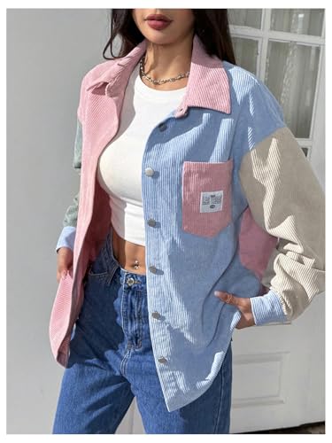 Verdusa Women's Color Block Jacket Coat Streetwear Button Down Collared Outerwear with Pockets4