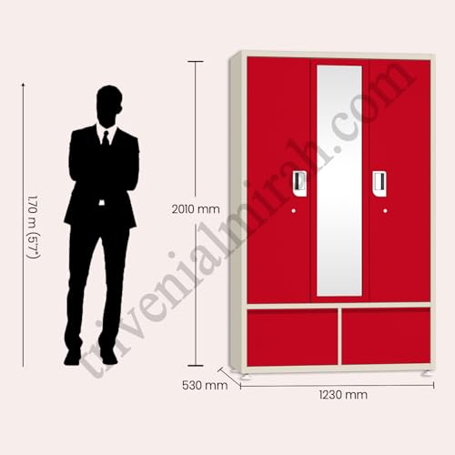 Image of Triveni GANGA-3 Almirah | 10-Year Guarantee on Paint and Lock | Triple Door (3-Door) Steel Wardrobe with Full Mirror |10 Hangers & 8 Hanging Hooks | Number Circle Locker | Bangle Drawer |48 Inch Wide