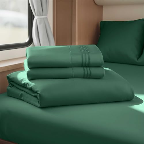 Image of Nestl Dark Green Short Queen Sheets for RV, Hotel Luxury RV Queen Sheets Set, 4 Piece Fitted Bed Sheet Set and Pillowcases, Super Soft, Wrinkle-Free, and Breathable Camper Bedding