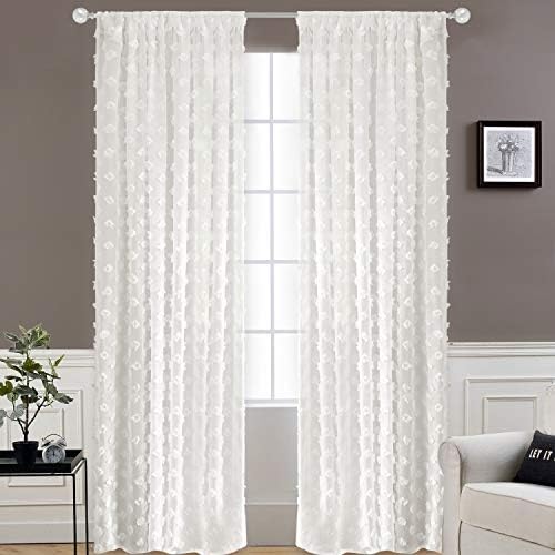 DriftAway Olivia White Voile Chiffon Sheer Window Curtains Embroidered with Pom Pom 2 Panels Rod Pocket 52 Inch by 108 Inch Off White