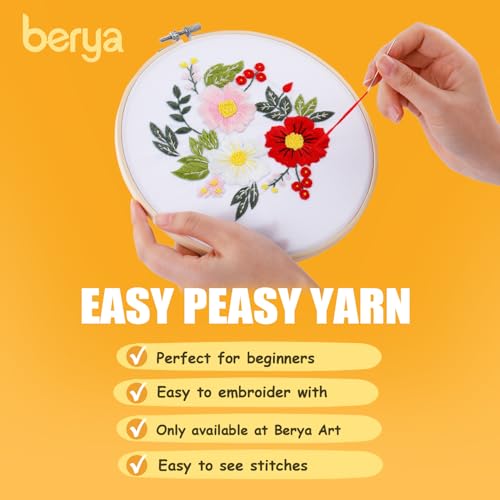 Image of BERYA Embroidery Kit for Beginners, Flowers and Leaves Embroidery Practice Kit, Hand Floral Embroidery Starter Kit for Adults with Video Step by Step Instructions, Hoops, Threads and Needles (BEF011)