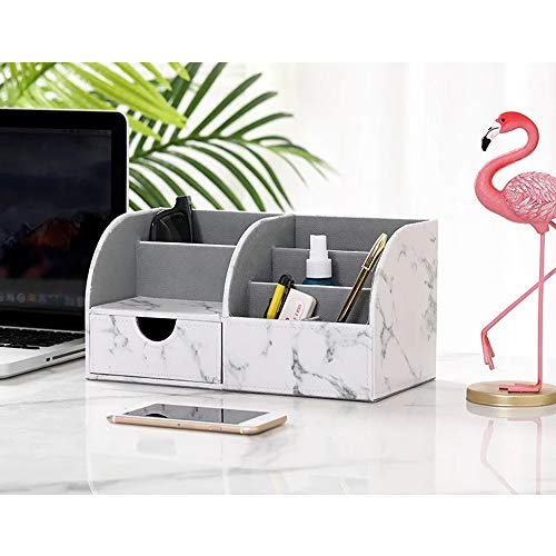 UnionBasic Desk Organizer, Multi-Functional Leather Desktop Office Organizer, Pen Holder - Business Card/Pen/Pencil/Mobile Phone/Stationery Holder Storage Box, Marble White - Thumbnail 3