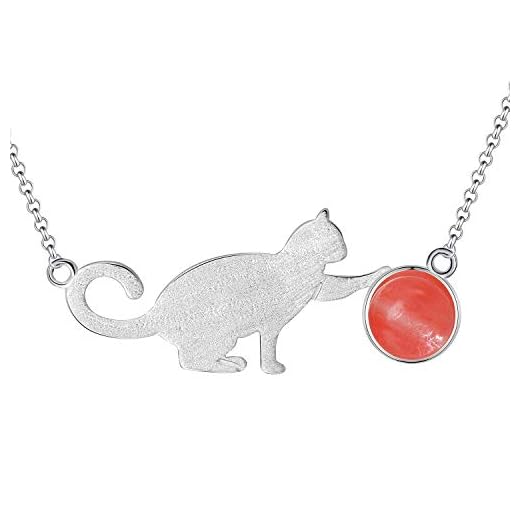 Lotus Fun S925 sterling silver halsband hänge katt spelbollar hänge med halsband länk kedjelängd 17 tum, handgjorda unika smycken för kvinnor och flickor e sterlingsilver, colore: Röd, cod. LFJF