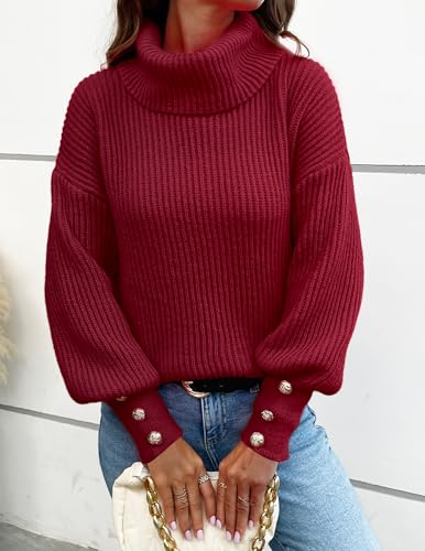 Image of Libsorge Women's Dressy Oversized Turtleneck Sweaters Fall 2024 Casual Winter Ribbed Knit Button Long Sleeve Pullover Sweater Red L