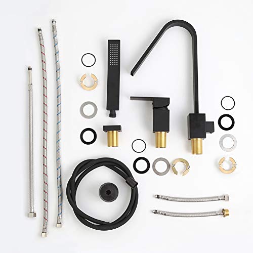 Matte Black Waterfall Bathtub Faucet With Handheld Shower, Deck Mount Solid Brass Tub Spout 3 Holes Contemporary Bathroom Roman Tub Filler With Hand Shower, Include Valve And Trim Kit #TOP6